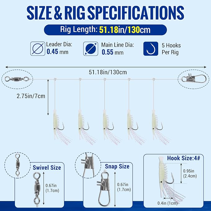 Shrimp Fishing Bait Rigs Kit, 10 Packs Saltwater Surf Fishing Rigs with 5 String Hooks Glow Soft Shrimp Lures Swivel Snap Shrimp Lure Rig for Mackerel Herring Baitfish