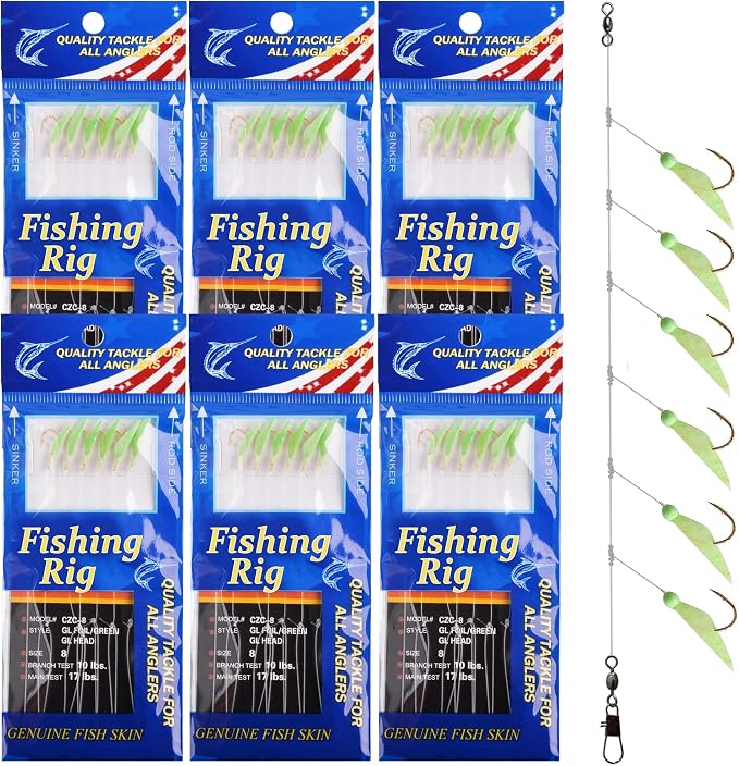 OROOTL Fishing Bait Rigs Saltwater, 6 Packs Surf Fishing Rigs with Sharp Hooks Fish Skin Feather Swivel Snap Glow Saltwater Lures Sea Bass Cod Herring Hook Rig Size 4 6 8