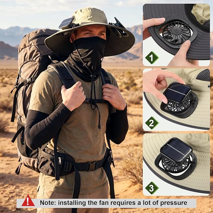 Syhood Solar Powered Fan Hat Neck Gaiter Arm Sleeves Sun Bucket Hat with Fan Cooling Wide Brim Hats for Fishing Hiking