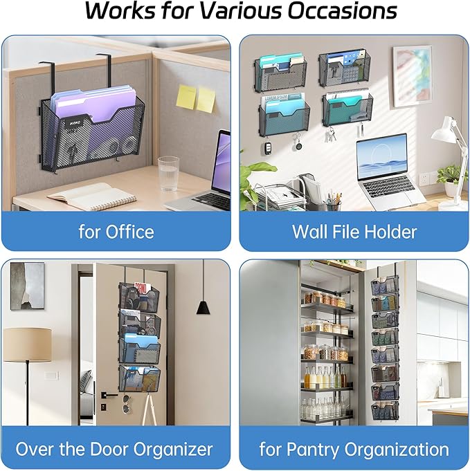 8 Pack Wall File Holder, Metal Mail Organizer Wall Mounted, Hanging File Organizer Over the Door Storage with 2 Hooks for Office, Home and School (with Label Panel)