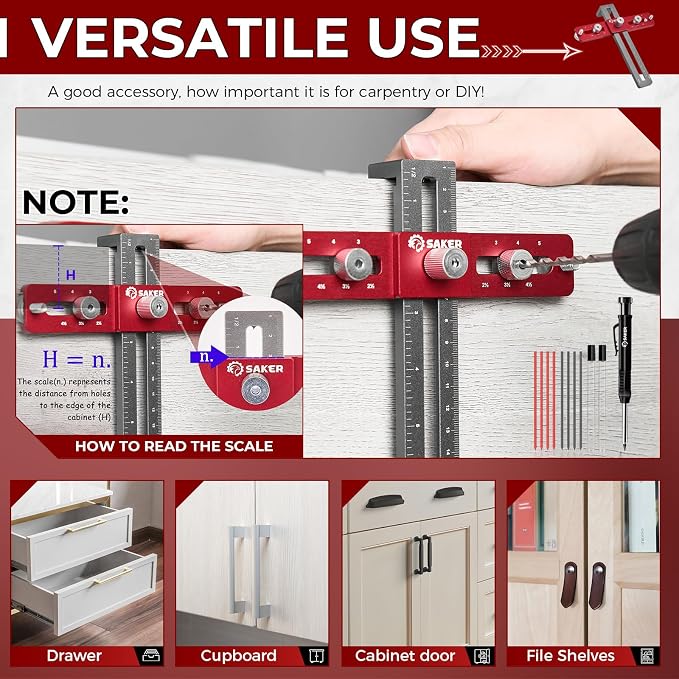 Saker Cabinet Hardware Doweling Jig - Cabinet Handle Template Tool for Knobs and Pull - Adjustable Self Centering Punch Locator Precise Woodworking Drill Guide (5" Jig Saw with pencil)