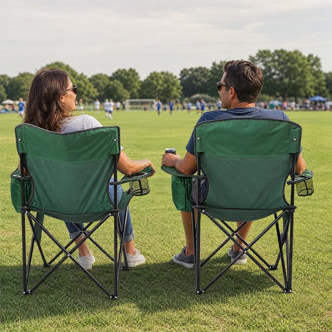 Romswi 2 Pack Camping Chairs Support 400LBS, Heavy Duty Folding Chair with 4-Can Cooler Bag, Portable Outdoor Chair with Cup Holder for Lawn, Beach, Fishing, Green