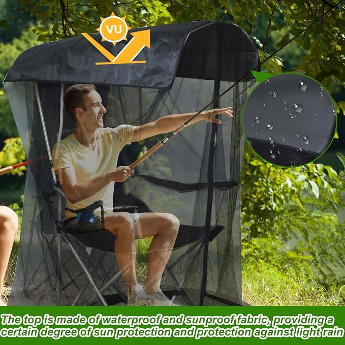 2PCS Mosquito Net Cover for Canopy Chair, 63"H Bug Barrier Mosquitos Mesh Tent Black Chair Mosquito Netting with Zipper 35"X32" Waterproof Roof for Fishing Camping Chairs Outdoors, Chair Not Included