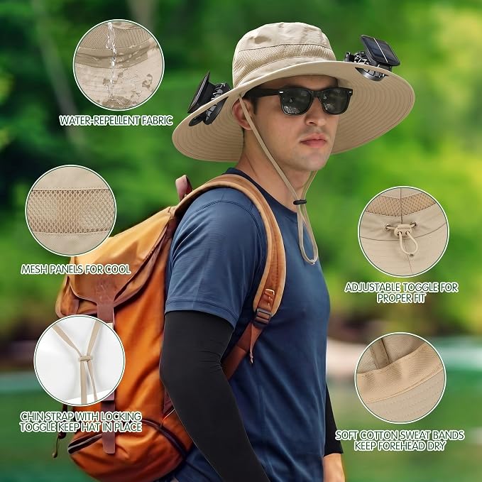 Syhood Solar Powered Fan Hat Neck Gaiter Arm Sleeves Sun Bucket Hat with Fan Cooling Wide Brim Hats for Fishing Hiking