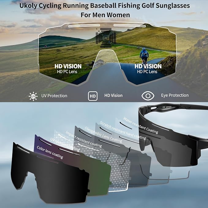 Ukoly Cycling Sunglasses for Men Women with 3 Interchangeable Lenses, Polarized Sports Sunglasses, Baseball Sunglasses