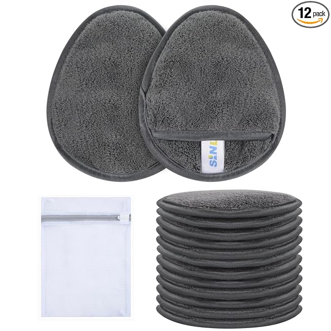 SINLAND Reusable Makeup Remover Pads For Face,Eye,Lips Microfiber Gentle Facial Cleansing Cloths for All Skin Types Friendly for Makeup Remover With Laundry Bag 5.1inchx3.93inch Grey Pack of 12