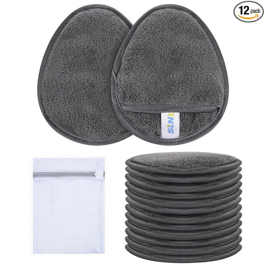SINLAND Reusable Makeup Remover Pads For Face,Eye,Lips Microfiber Gentle Facial Cleansing Cloths for All Skin Types Friendly for Makeup Remover With Laundry Bag 5.1inchx3.93inch Grey Pack of 12