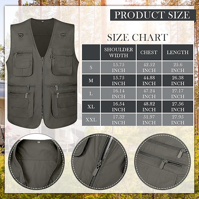 Janmercy 2 Pieces Men's Work Fishing Vest with Hat Lightweight Safari Travel Hunting Waistcoat With Multi Pockets Fishing Hat