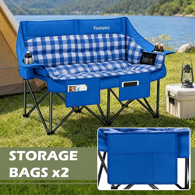 Youtanic Double Camping Chair, Heavy Duty 650lbs Padded Loveseat for Adults, Folding 2 Person Camp Couch with Cup Holder & Carry Bag, Wide Plaid Portable Lawn Seat for Outdoor Beach Sports, Blue