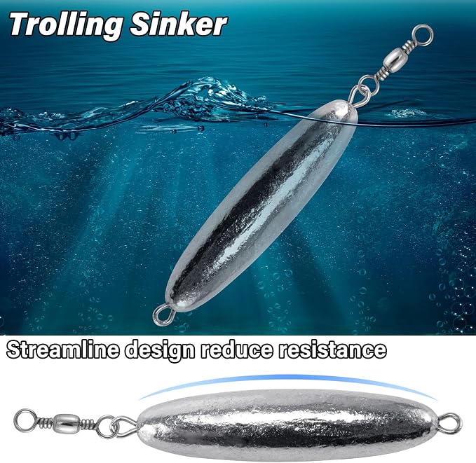 Dr.Fish 10 Pack in-line Trolling Sinkers with Swivel Torpedo Weight Lead Fishing Sinkers Double Ring Saltwater Freshwater Salmon Walleye Trolling