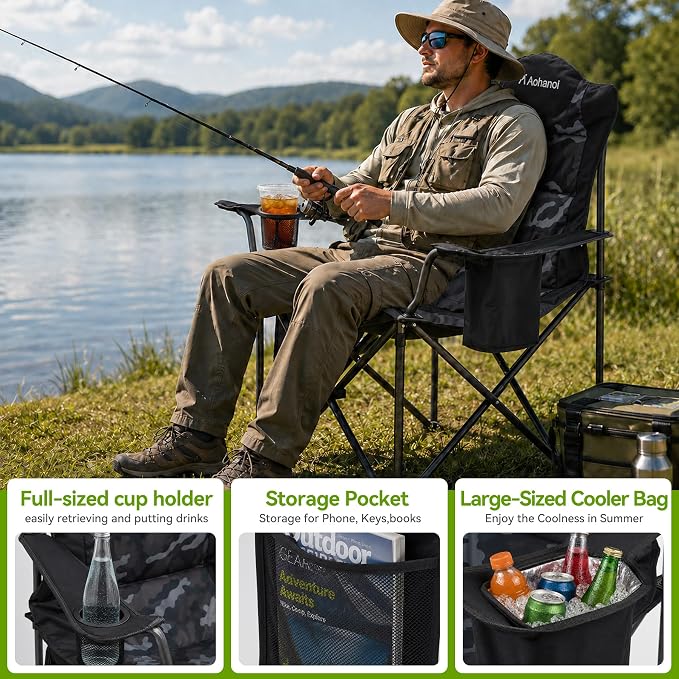 Aohanoi Camping Chairs for Heavy People,Folding Lawn Chairs for Outside Heavy Duty,Outdoor Oversized Chairs for Adult with Cup Holder and Large Cooler Bag,Beach Camp Chairs Supports up to 500lbs