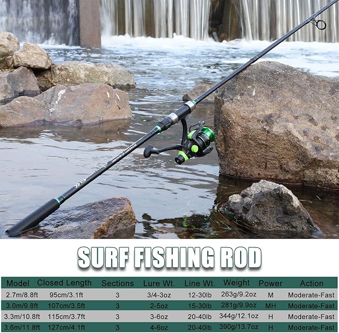 Sougayilang Surf Fishing Rod IM8 Carbon 3 Piece Travel Spinning Rod (9'/10'/11'/12')