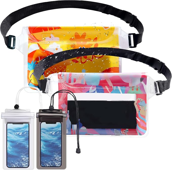 4 Pack Waterproof Fanny Pack with Waist Strap Waterproof Phone Pouch Dry Bag for Kayaking Pool Swimming Boating Beach Fishing Travel Diving Surfing (Hawaii, 2 Fanny Pack + 2 Pouch Bag)