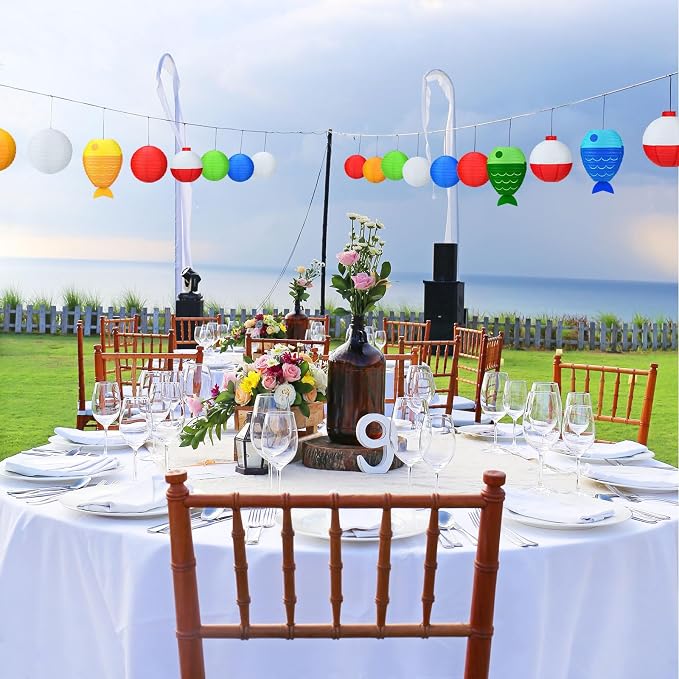 Bencailor 13 Pcs Fishing Hanging Paper Lanterns Fishing Birthday Decorations Fish Shaped Lanterns Bobber Round Paper Lanterns for Fishermen Theme Pool Party Decoration Supplies, 12 Inches, 8 Inches