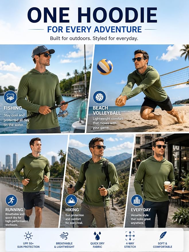 ZITY 3 Pack Men's Sun Protection Hoodie Shirt Fishing Shirts for Men UPF 50+ Long Sleeve Shirt Lightweight Rash Guard