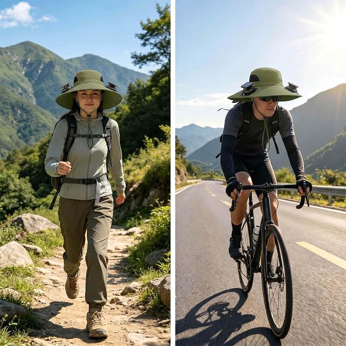 Solar Powered Fan Hat for Men Women Wide Brim Hat with 2 Fans UPF 50+ Outdoor Fishing Beach Sun Hat