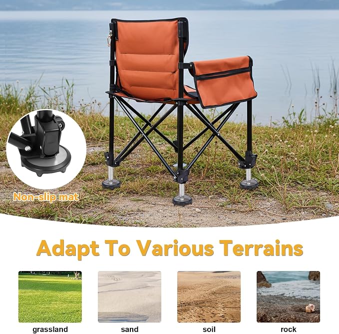 Heavy Duty Folding Fishing Chair 220LBS Load Capacity, Portable Compact Camping Chair with 1 Detachable Rod Holders, Adjustable Legs, Storage Bags & Non-Slip Feet for Outdoor Fishing Beach