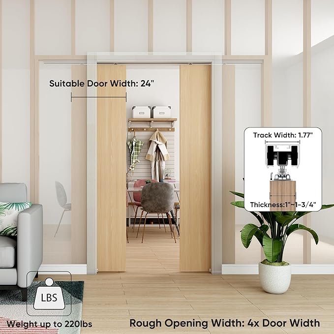 8FT Double Pocket Door Track Kit, 2 Sets of 44.69" Rail, Suitable for Double Door Width 48"(Single Panel 24"), Slide Quietly and Smoothly, Easy to Install