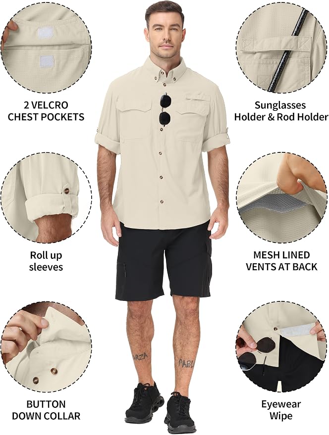 Roadbox Men's Sun Protection Fishing Shirt, Long Sleeve Cool Dry Lightweight UPF 50+ Shirts for Hiking Safari Camping Travel