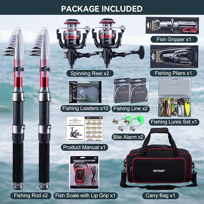 Goture Fishing Rod and Reel Combos-2PCS Telescopic Fishing Pole+2PCS Spinning Reels with Carrier Bag,1.8M-2.7M Telescopic Rod Reel Kit for Starter Travel Saltwater Freshwater,Gifts for Men