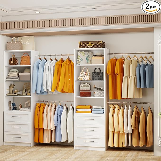 Closet System with 6 Drawers, 6FT-15FT Large Walk in Closet Organizer System with 8 Expandable Hanging Rods, Heavy Duty Wood Closet Storage System with 8 Shelves for Bedroom,White