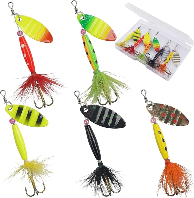 Spinner Baits Bass Lures Rooster Feather Tail Fishing Lures Trout Lures Hard Metal Inline Spinnerbaits for Bass Trout Pike Walleye Salmon with Tackle Box