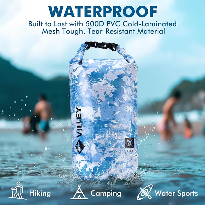 VILLEY Dry Bag Waterproof 10L Roll Top Storage Backpack, Keeps Gear Dry Lightweight Backpack for Kayaking Boating Camping Swimming and Beach Accessories Blue Camo