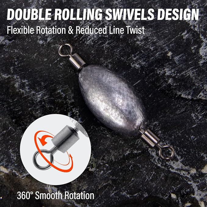Dr.Fish 20 Pack Inline Trolling Weights Swivel Egg Sinkers Oval Line Sinker Catfishing Saltwater Freshwater Fishing