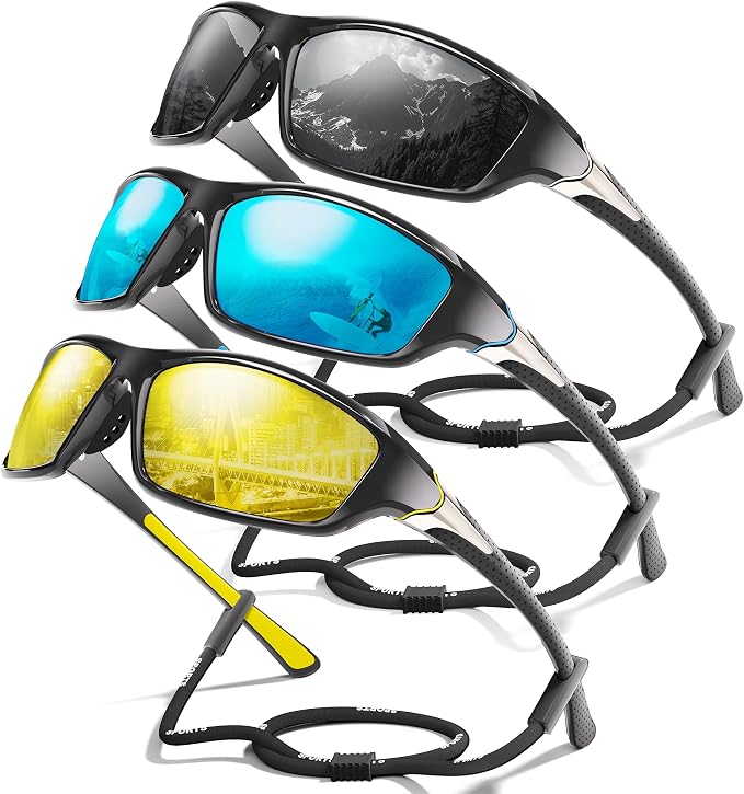 3 Pack Polarized Sports Sunglasses for Men, Mens Sunglasses Wrap Around UV Protection for Cycling Fishing Driving