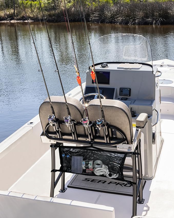 PLOZANO Boat Storage Bag with 3 Divisions, Adjustable Organizer, Mesh Tackle & Life Jacket Holder, Suspended Net for Leaning Post (24 INCH)