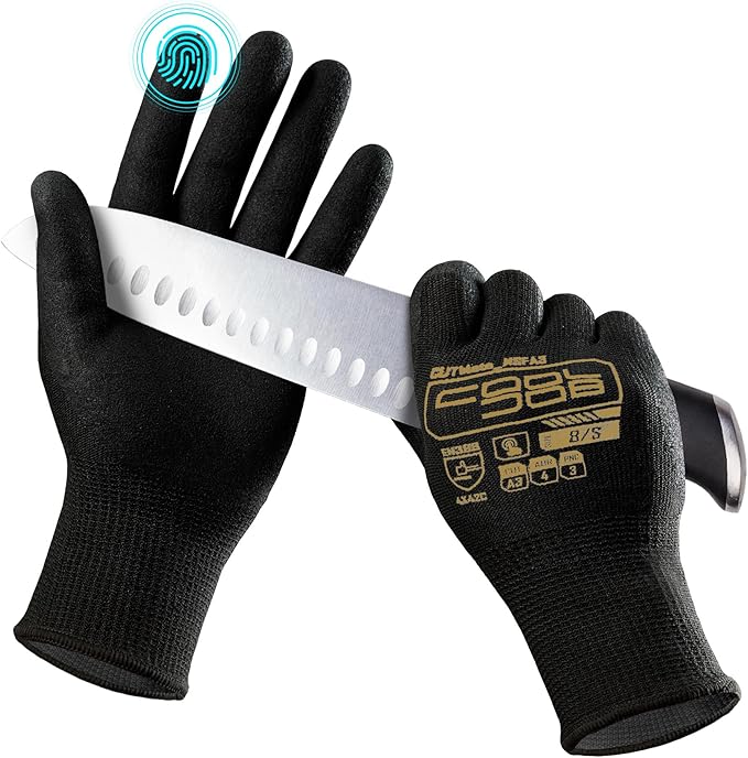 COOLJOB A3 Cut Resistant Safety Work Gloves with Nitrile Grip, Touchscreen & Flexible for Gardening Fishing Construction