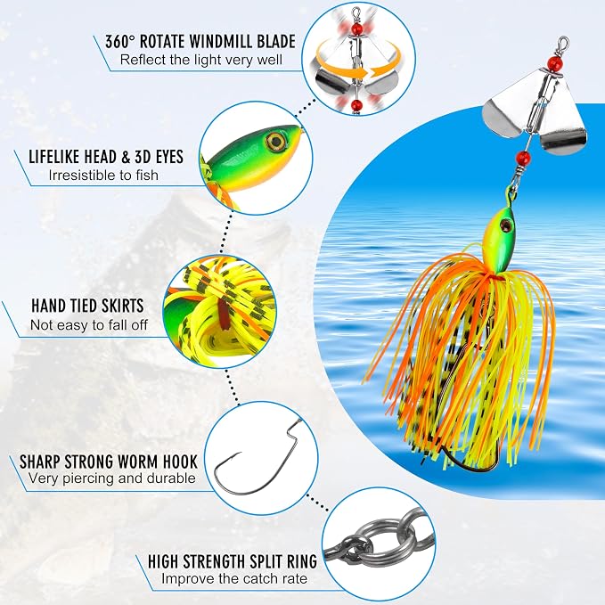 Spinnerbait Fishing Lures Kit Set, 6pcs Bass Fishing Buzzbait Multicolor Bass Trout Salmon Metal Spinner Baits Swim Jigs Freshwater Saltwater Fishing