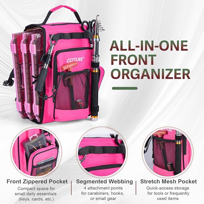 Goture OpenSide Tactical Sling Tackle Bag with 3 3700 Tackle Trays, Lightweight Fishing Backpack Storge Gear-Pink Bag Outdoor,Gift for women