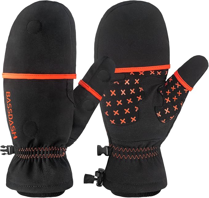 BASSDASH WinteFlex Insulated Ice Fishing Mittens Cold Weather Fingerless Gloves Water Resistant for Men Women Hunting