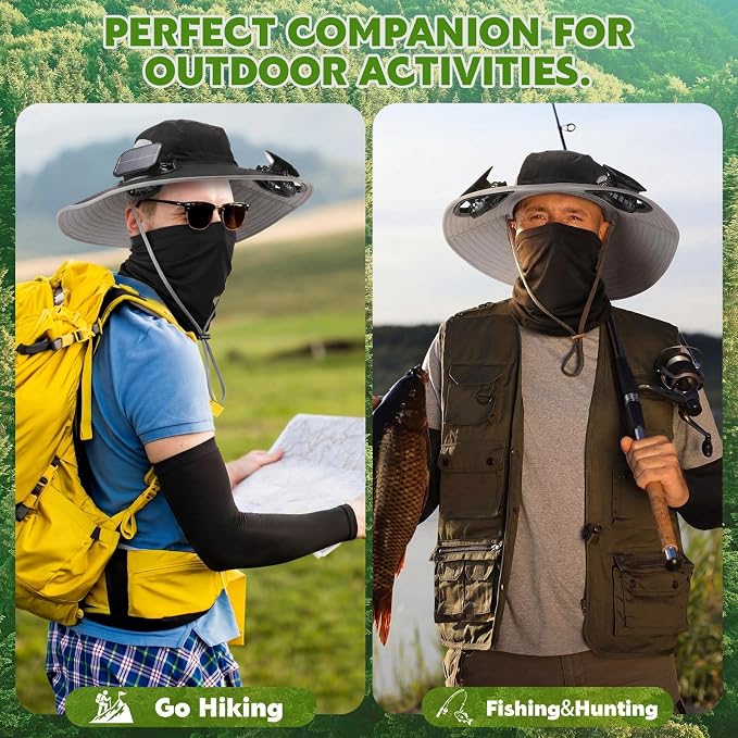 Syhood Solar Powered Fan Hat Neck Gaiter Arm Sleeves Sun Bucket Hat with Fan Cooling Wide Brim Hats for Fishing Hiking