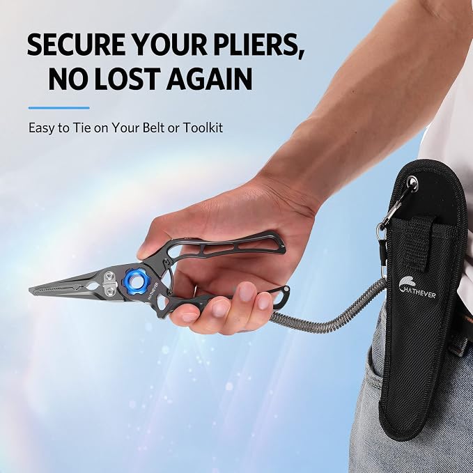 Fishing Pliers Hook Remover, Saltwater Split Ring Pliers with Safety Lock, Fishing Gear with Sheath and Lanyard, Fishing Gifts for Men