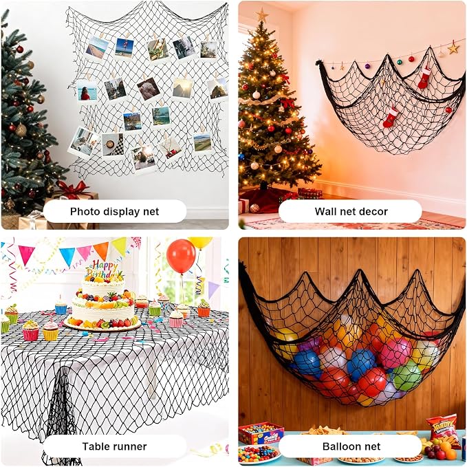 Fish Net Decorations for Party - 80x40 in Black Fishing Net Decor Halloween Gothic Pirate Party Decorations, 3mm Natural Cotton Decorative Netting Table Runner Photo Display Backdrop Wall Decor