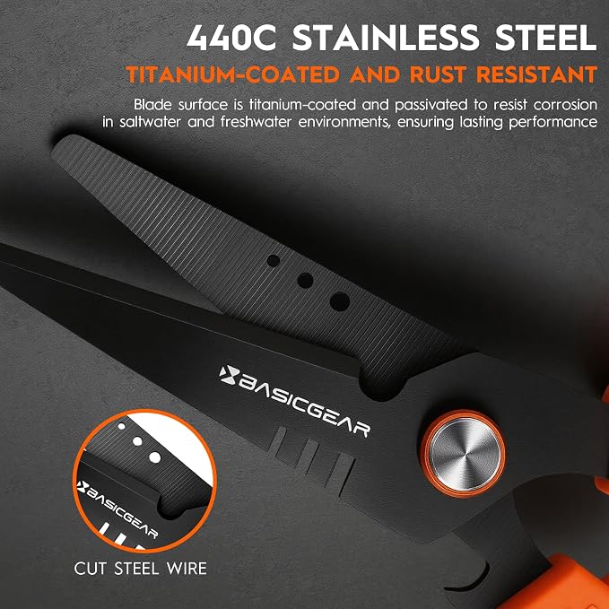 BasicGear Fishing Multi-Tool Scissors – Titanium-Coated, Stainless Steel, Multi-Tool Cutter with Hook Adjuster, Screwdriver, Bottle Opener, Sheath & Non-Slip Grip for Saltwater or Freshwater Use