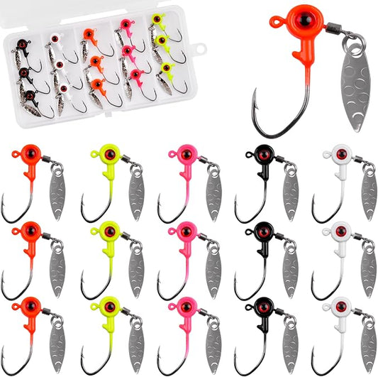 Crappie Jig Heads Fishing Lures Kit, 15pcs Underspin Jig Heads with Spinner Blade Crappie Lures Eye Ball Head Painted Fishing Jigs for Bass, Trout, Panfish, Sunfish