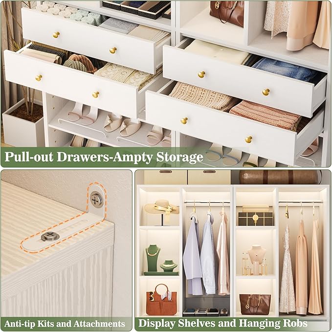 Closet System with 4 Drawers & Corner Tower, Closet Organizer System with 4 Hanging Robs, Reversible U Shaped Walk-in Closet System, Load 2600+LBS Capacity, Set of 4, White