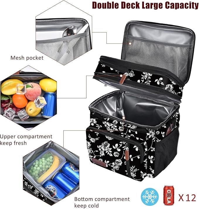 MIYCOO Lunch Bag & Lunch Box for Women Men, Double Deck Leakproof Insulated Soft Large Adult Camping Cooler bag for Work, Beach, Picnic, Travel (White Flower, 15L)