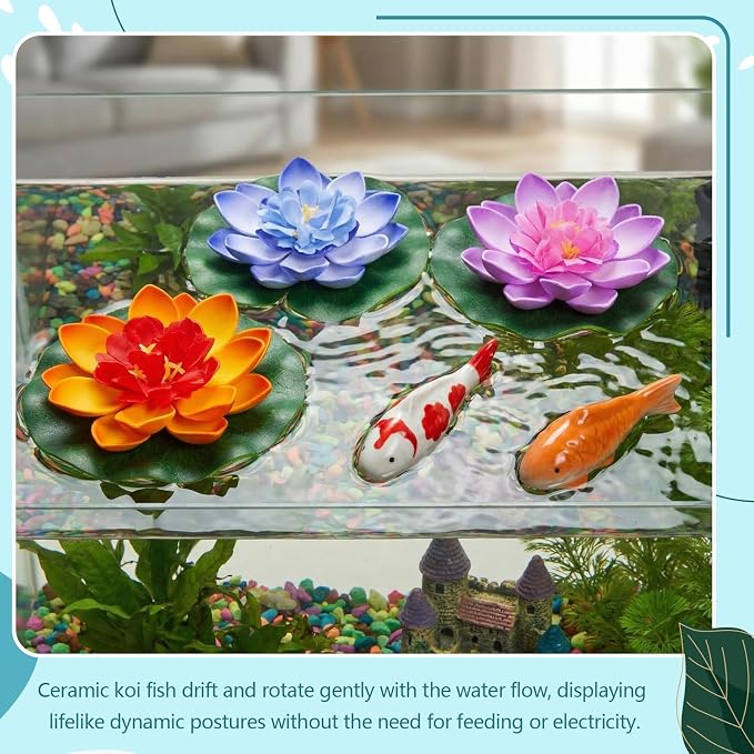 Willinglong 2 Pcs Ceramic Floating Koi Fish 5 Pcs Artificial Foam Lotus Flower with Water Lily Floating Fake Fish Goldfish Koi Decor for Pond Fountain Birdbath Fake Aquarium Decor