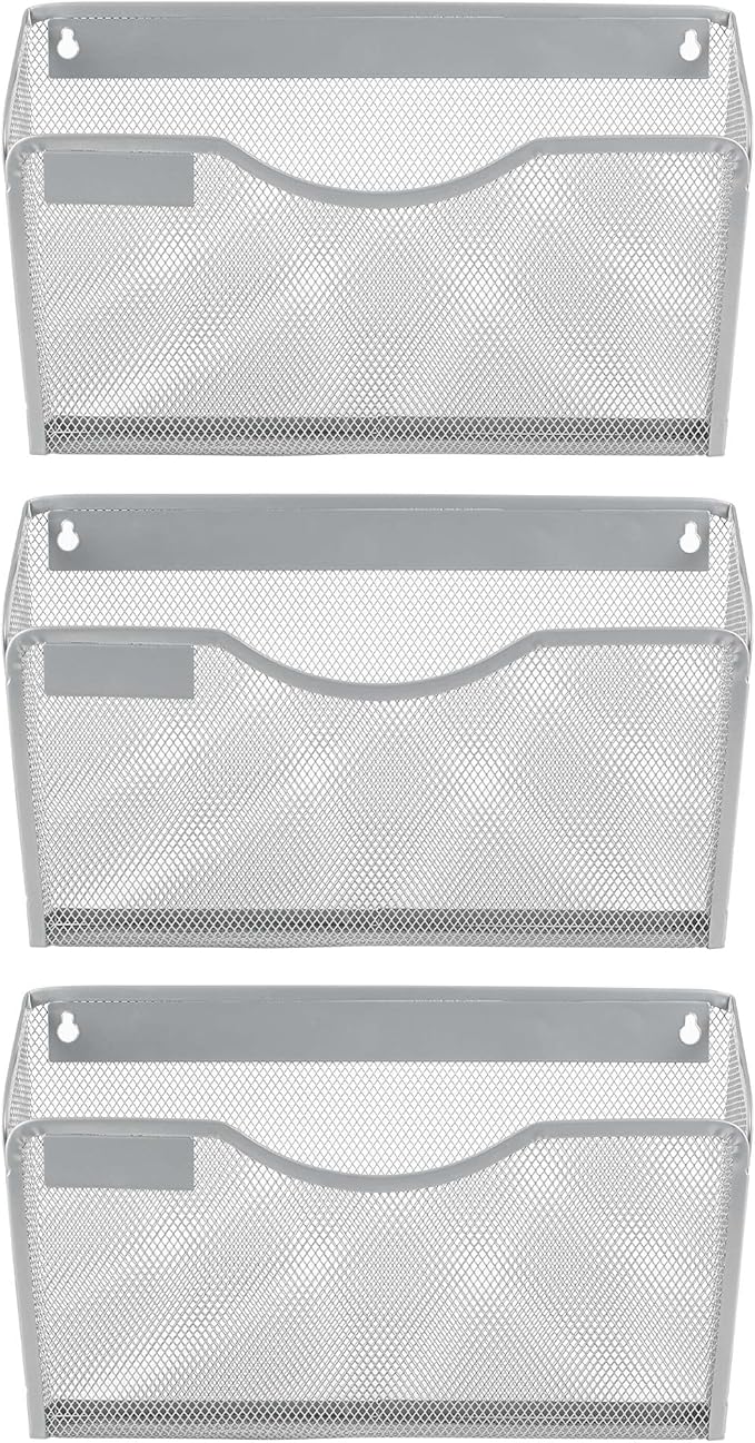 EasyPAG 3 Pack Wall File Organizer with Label Panel, Mesh Hanging File Folder Organizer for Letter/A4 Size Folders, Wall Mounted Vertical Mail Holder for Paperwork, Office, Home, School, Silver