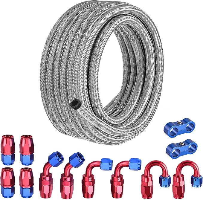 EVIL ENERGY 4AN Fuel Line Kit 20FT, 4AN Hose Stainless Steel Braided Fuel Line Hose Fitting Kit CPE, Silver