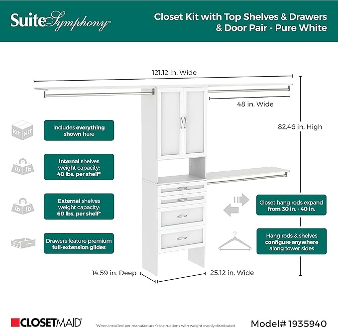 ClosetMaid SuiteSymphony Wood Closet Organizer Kit with Tower, 3 Hang Rods, Top Shelves, 4 Drawers, Doors, Adjustable, Fits Spaces 6 - 10 ft. Wide, Pure White