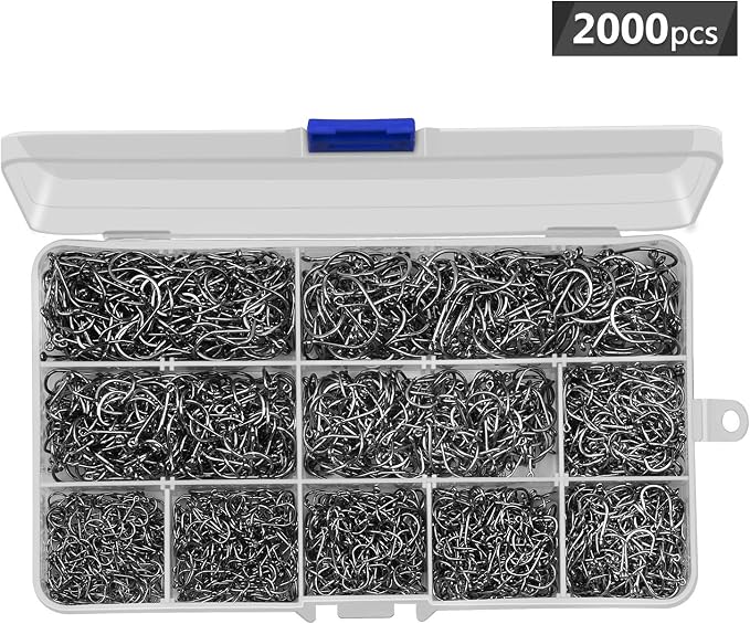 HETH 2000pcs Fishing Worm Hooks High Carbon Steel Wide Gap Offset Fishing Hook Set for Saltwater and Freshwater with 10 Sizes