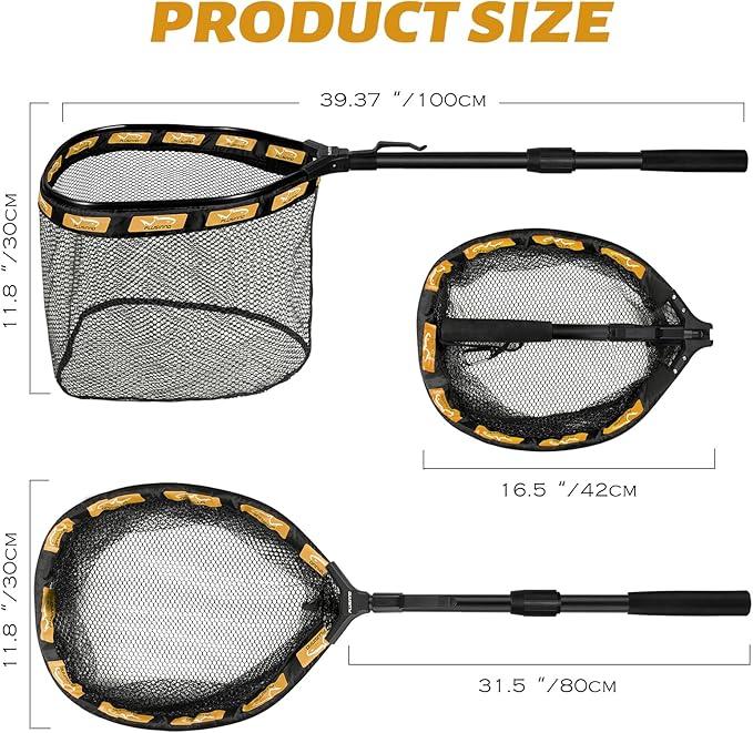 PLUSINNO Fishing Net Fish Floating Landing Net, Kayak Nets with Fixed Foldable Telescopic Pole Handle, Bass Trout Fishing Nets with Nylon Mesh for Pond Lake River, Fishing Gear Gifts for Men Anglers