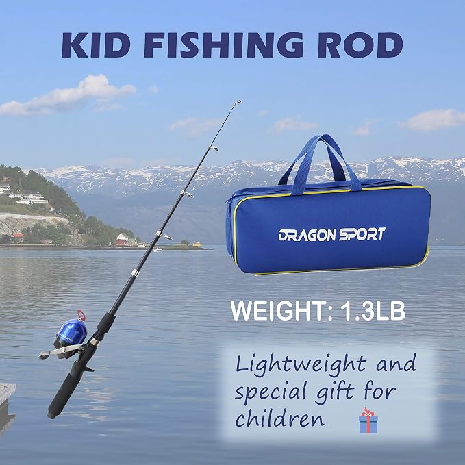 Kids Fishing Pole Spincast Youth Fishing Pole Tackle Box - with Net,Travel Bag,Rod and Reel Kit for Boys and Girls, Youth or Beginner’s