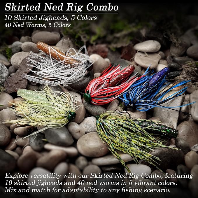 Ned Rig Jig Heads Soft Plastic Worms Fishing Lures Kit, 60/50/10 Pcs Weedless Skirted Mushroom Ned Rigs Jighead Hooks Stick Baits Bass Fishing Lures for Freshwater Saltwater