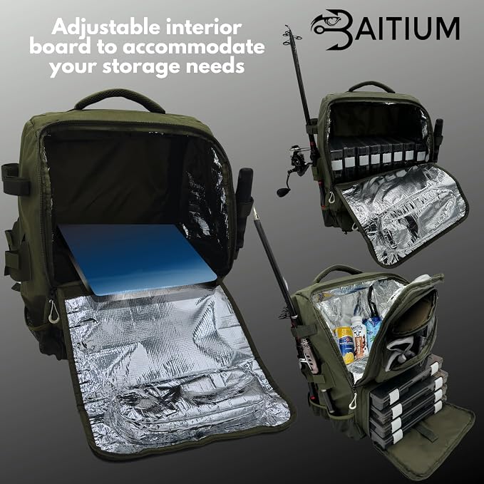 Baitium Fishing Backpack, Tackle Bag With Rod Holders, 40L Capacity With Cooler, Rain Cover, Insulated Pocket, 4 Tackle Trays Included- (Green)